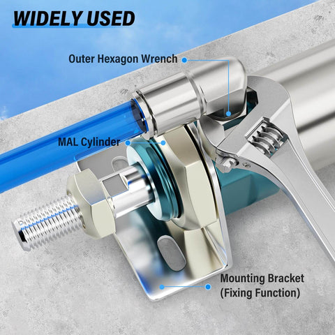 Sturdy Stainless Steel Pneumatic Male Elbow Push To Connect Fitting One Quarter Inch Tube Outer Diameter To One Quarter Inch NPT Thread 90 Degree Quick Connect Pack Of Two installed with wrench and MAL cylinder