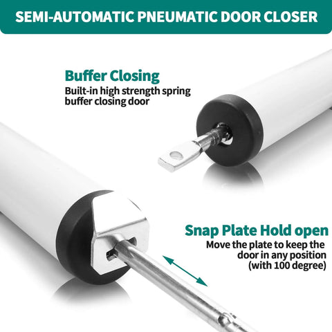 Screen and Storm Door Closer Kit, Heavy Duty Pneumatic Screen and Storm Door Closer, showing adjustable snap plate and buffer closing feature
