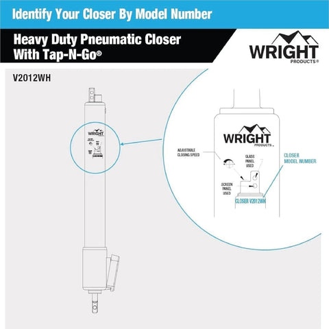 Diagram of a Heavy Duty Pneumatic Screen & Storm Door Closer with EZ-Hold, model V2012WH, showing adjustable speed features.