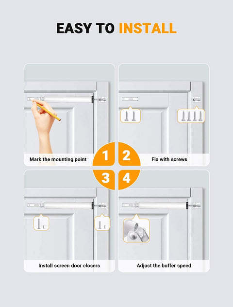 Installation steps for Storm Door Closer, Pneumatic Screen Door Closer with universal bracket kit in white.