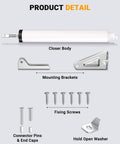 Storm Door Closer components including pneumatic screen door closer, mounting brackets, fixing screws, and hold open washer, white color.