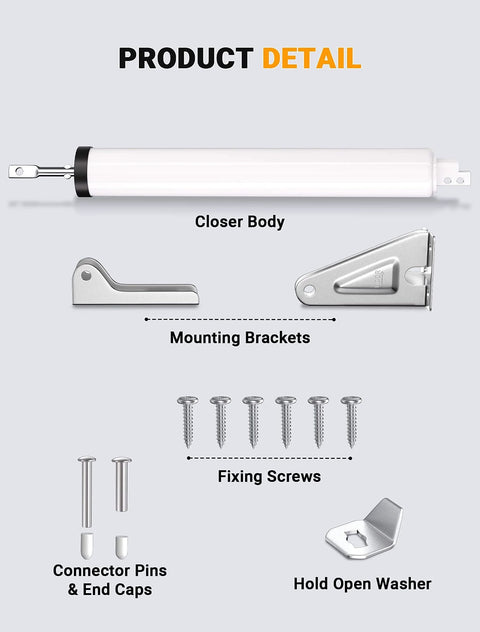 Storm Door Closer components including pneumatic screen door closer, mounting brackets, fixing screws, and hold open washer, white color.