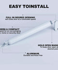 White Storm Door Closer,1 Set Screen Door Closer,Pneumatic Door Bracket showing full 90-degree opening and hold-open washer.