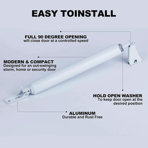 White Storm Door Closer,1 Set Screen Door Closer,Pneumatic Door Bracket showing full 90-degree opening and hold-open washer.