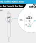 Diagram of Heavy-Duty Pneumatic Storm Door Closer showing model number and adjustable closing speed, Wright Products branding.