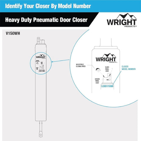 Diagram of Heavy-Duty Pneumatic Storm Door Closer showing model number and adjustable closing speed, Wright Products branding.