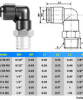 Diagram and table of Push to Connect Pneumatic Male Elbow Fittings One Quarter Inch Tube Outer Diameter To One Quarter Inch NPT Thread 90 Degree Connector PL One Quarter N2 Pack Of Ten Copper And Plastic Construction For PU Tubing 0 To 145 Psi