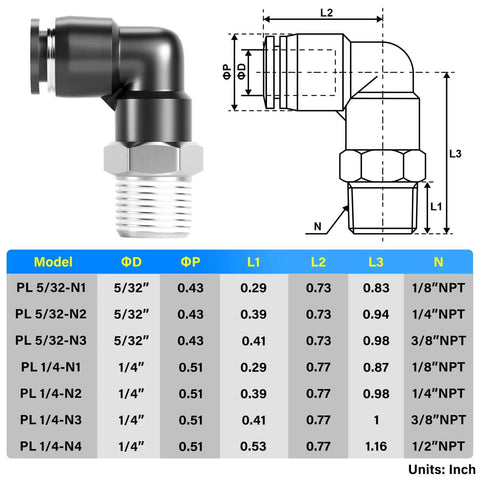Diagram and table of Push to Connect Pneumatic Male Elbow Fittings One Quarter Inch Tube Outer Diameter To One Quarter Inch NPT Thread 90 Degree Connector PL One Quarter N2 Pack Of Ten Copper And Plastic Construction For PU Tubing 0 To 145 Psi