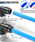Push To Connect Pneumatic Male Elbow Fittings One Quarter Inch Tube Outer Diameter To One Quarter Inch NPT Thread 90 Degree Connector PL One Quarter N2 Pack Of Ten Copper And Plastic Construction For PU Tubing 0 To 145 Psi demonstrating connection status with blue tubing.