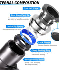 Exploded view of push to connect pneumatic male elbow fittings showing internal components, strong plastic body, and sealing rings.