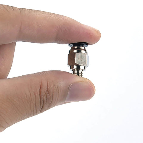 10 Pcs Pneumatic Straight Fittings And 2 Pcs Plastic Push To Connect Straight Union Tube Fittings For PTFE Tubing 4 Mm Outer Diameter And M6 Thread Zinc Alloy And Plastic Build Easy Install Reliable Seal, close-up view of fitting in hand