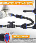Close-up of 200 Piece Quick Connect Air Hose Fitting Kit with 360° rotation pneumatic fittings for shop use.