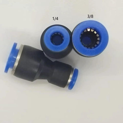 Push To Connect Pneumatic Fittings Straight Reducer Union Adapter Three Eighths Inch To One Quarter Inch Quick Connect Snaps On And Off Plastic And Stainless Steel Pack Of Ten close-up
