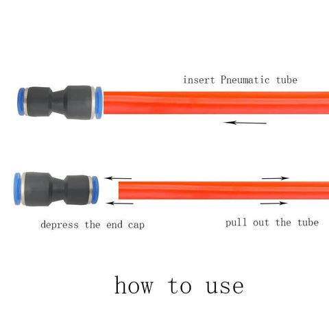 Push To Connect Pneumatic Fittings Straight Reducer Union Adapter Three Eighths Inch To One Quarter Inch Quick Connect showing usage instructions.