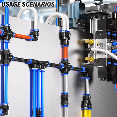 1/2 Inch OD Push To Connect Pneumatic Fittings Kit 30 Piece Set installed showing splitters, elbows, tees on air lines.
