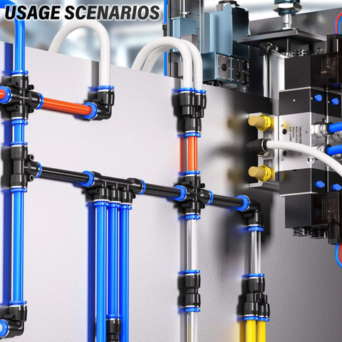 One Quarter Inch OD Push To Connect Pneumatic Fittings Kit installed with splitters, elbows, tees, straights for air tubing.