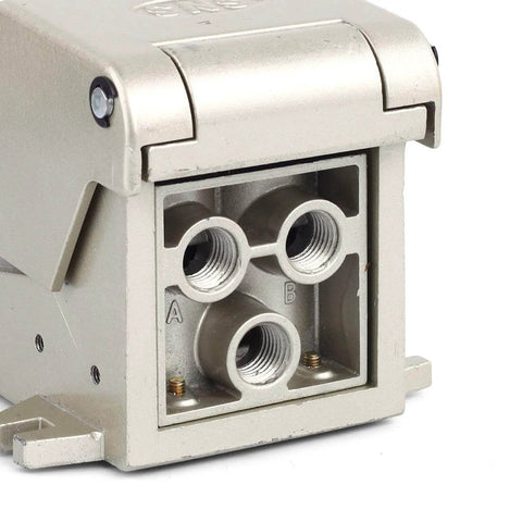 Close-up of 1/4" NPT Latching Pneumatic Foot Operated Pedal Valve Switch 5 Way 2 Position with Protective Shield FOV-N320AC ports