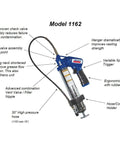 Heavy Duty Pneumatic Grease Gun With 30 Inch High Pressure Hose And 6000 PSI Power, labeled parts and features on white background.