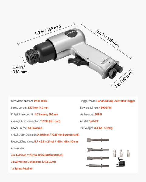 High-impact pneumatic hammer delivers 4500 BPM with a 1.57 in stroke, shown with four chisels for workshops and job sites.