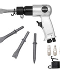 High-impact pneumatic hammer delivers 4500 BPM with a 1.57 in stroke, four chisels, and fittings for metal cutting and concrete demolition.