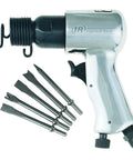 Compact high speed pneumatic hammer with 5 piece chisel set delivers fast, precise work up to 5000 blows per minute