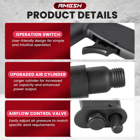 Air Hammer Kit With 150mm Stroke Delivers 4500 BPM, Pneumatic Hammer With Four Chisels, spring and fittings details.