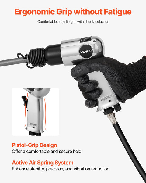 High-impact pneumatic hammer delivers 4500 BPM with a 1.57 in stroke, shown with ergonomic grip and pistol-grip design