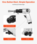 High-impact pneumatic hammer delivers 4500 BPM with a 1.57 in stroke, featuring trigger button and air inlet, with heat-treated cylinder.
