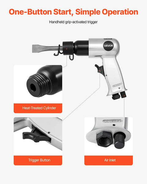 High-impact pneumatic hammer delivers 4500 BPM with a 1.57 in stroke, featuring trigger button and air inlet, with heat-treated cylinder.