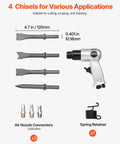 High-impact pneumatic hammer delivers 4500 BPM with a 1.57 in stroke, shown with four chisels, connectors, and spring retainer.