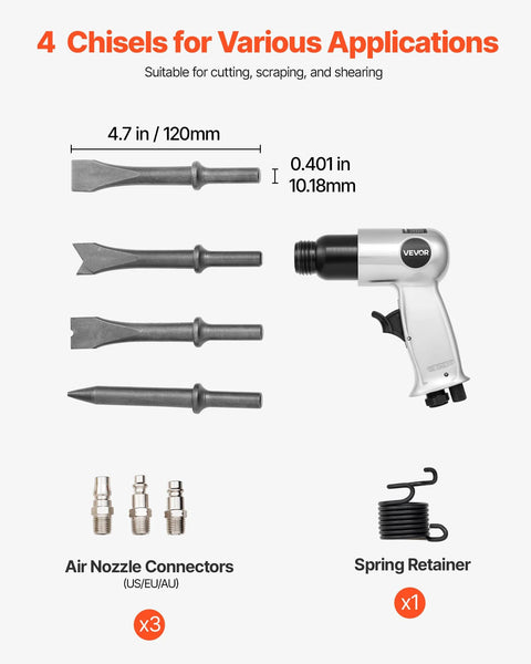 High-impact pneumatic hammer delivers 4500 BPM with a 1.57 in stroke, shown with four chisels, connectors, and spring retainer.