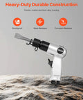 High-impact pneumatic hammer delivers 4500 BPM with a 1.57 in stroke, shown with alloy housing and chisel attachment.