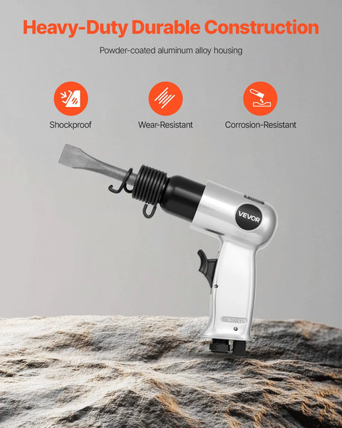 High-impact pneumatic hammer delivers 4500 BPM with a 1.57 in stroke, shown with alloy housing and chisel attachment.