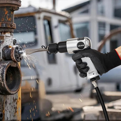 High-impact pneumatic hammer delivers 4500 BPM with a 1.57 in stroke for fast metal cutting, concrete demolition, bolt removal, and scraping