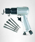Compact high speed pneumatic hammer with 5 piece chisel set delivers fast, precise work up to 5000 blows per minute, weighing only 2.6 lb and featuring a regulator for comfort, ideal for exhaust system work, metal cutting, scraping and chipping.