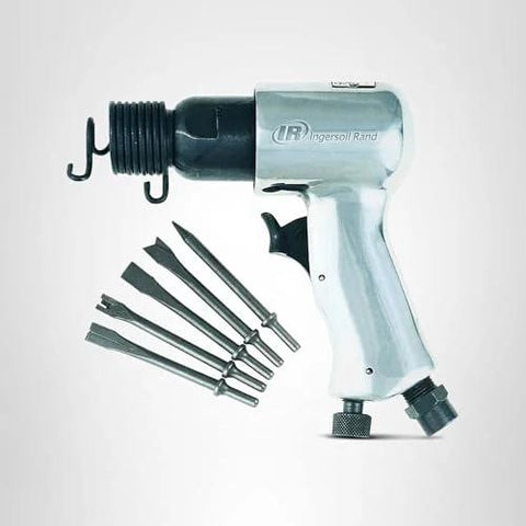 Compact high speed pneumatic hammer with 5 piece chisel set delivers fast, precise work up to 5000 blows per minute, weighing only 2.6 lb and featuring a regulator for comfort, ideal for exhaust system work, metal cutting, scraping and chipping.