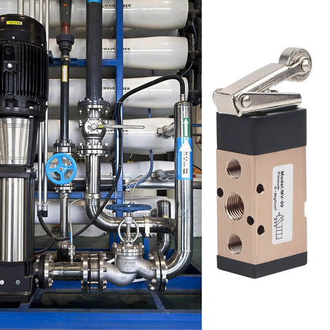 2 Position 5 Way Pneumatic Hand Pull Valve Roller Type Pneumatic Mechanical Valve 1/4" PT Port Aluminum Alloy Pneumatic Switch Valve MV-09 Pneumatic Control Reversing Valve alongside industrial piping setup.