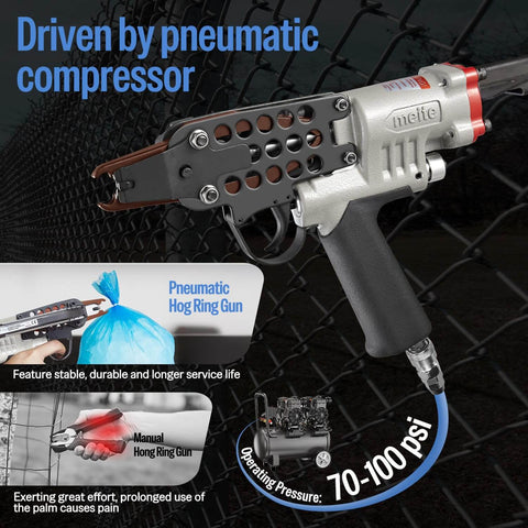 SC7E Pneumatic Hog Ring Gun With Extended Nose For Deep Access displayed near a pneumatic compressor