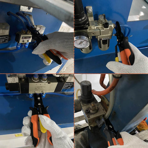 Push To Connect Fittings Disconnect Tool For 3/8 And 1/2 Inch Pneumatic Air Hose Quick Connects in use on machinery