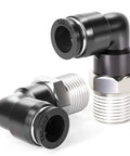 Push To Connect Pneumatic Male Elbow Fittings One Quarter Inch Tube Outer Diameter To One Quarter Inch NPT Thread 90 Degree Connector PL One Quarter N2 Pack Of Ten Copper And Plastic Construction For PU Tubing 0 To 145 Psi, showing two elbow fittings