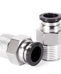 PNEUMATIC Male Straight 1/4 Inch Tube OD x 1/4 Inch NPT Thread Push to Connect Fitting PC-1/4-N2, side view, two fittings