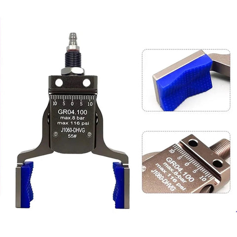 Magnetic Gripper Fixture For Pneumatic Systems And Automated Workflows, robot arm attachment, blue grip pads, close-up view
