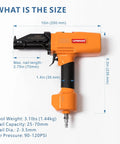 Pneumatic Nail Puller Denailer For Reclaimed Wood Pallets Fences Barn Wood And Decks With Lightweight Aluminum Body At 80 120 PSI Provides Efficient Nail Extraction To Salvage Boards From Soft To Medium Hard Woods, shown with measurement dimensions and specs.