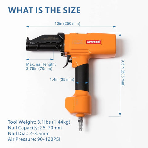 Pneumatic Nail Puller Denailer For Reclaimed Wood Pallets Fences Barn Wood And Decks With Lightweight Aluminum Body At 80 120 PSI Provides Efficient Nail Extraction To Salvage Boards From Soft To Medium Hard Woods, shown with measurement dimensions and specs.