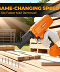 Pneumatic Nail Puller Denailer for Reclaimed Wood Pallets Fences Barn Wood and Decks in use for efficient nail extraction.