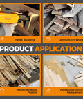 Four images showing uses of a pneumatic nail puller denailer for reclaimed wood pallets, fences, barn wood, decks.
