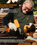 Man using pneumatic nail puller denailer for reclaimed wood pallets fences barn wood and decks with lightweight aluminum body at 80 120 PSI.