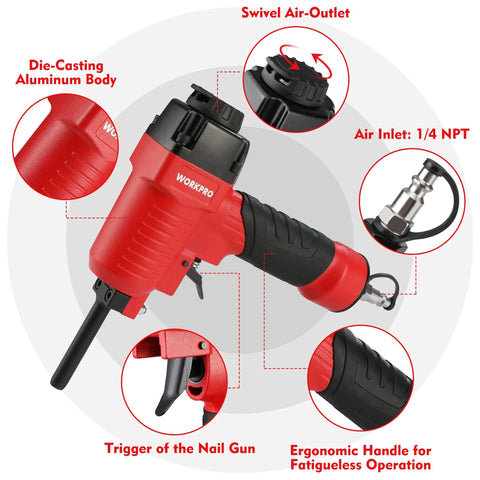 Pneumatic Nail Remover And Denailer For Wood Work Pieces Heavy Duty Punch Nailer Puller 60 To 100 PSI With 6mm Nose, red body