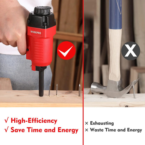 A pneumatic nail remover and denailer for wood work pieces heavy duty punch nailer puller used on a wooden board, shown next to a hammer.