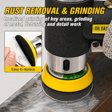 Pneumatic Orbital Sander Kit 1 2 3 Inch With 45 Discs And 3 Backing Pads in use on metal surface for rust removal